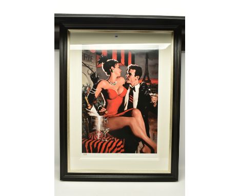 GLEN ORBIK (AMERICAN 1963 -2015) 'MIDNIGHT IN PARIS', a limited edition print of a couple drinking champagne, 9/150, with cer