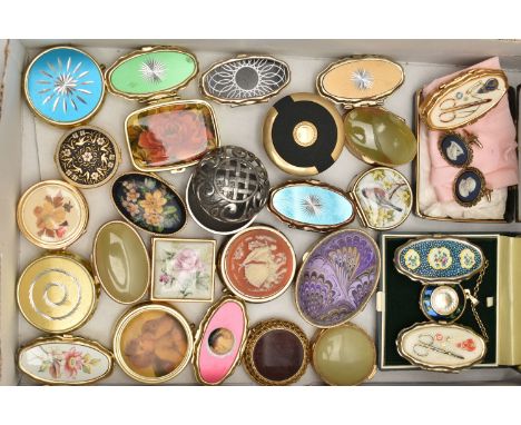 A BOX OF PILL BOXES AND OTHER ITEMS, to include twenty one pill boxes, four sewing kit boxes, a boxed 'Buler' fob watch with 