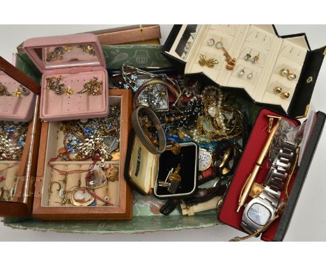 A BOX OF ASSORTED COSTUME JEWELLERY AND ITEMS, to include a small wooden jewellery box with costume jewellery, a travel jewel