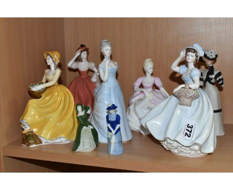FIVE COALPORT LADIES OF FASHION AND THREE OTHERS, comprising a boxed 'Christina' , 'Joy', 'Flora', 'Constance' (cracked along