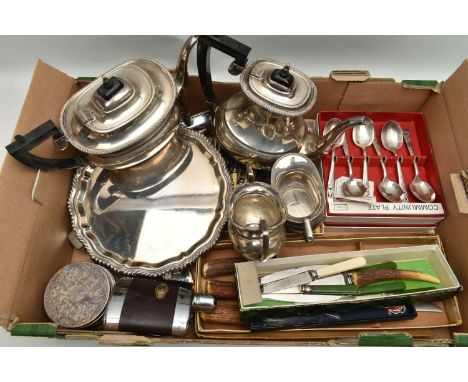 A BOX OF ASSORTED WHITE METAL WARE, to include a four piece EPNS tea set comprising of a teapot, coffee pot, milk jug and sug