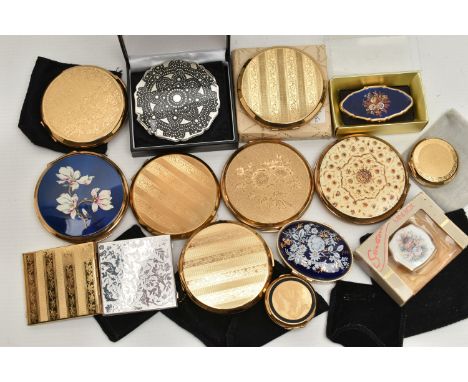 A BOX OF COMPACTS AND PILL BOXES, to include eight 'Stratton' compacts some with boxes and or pouches, two 'Stratton' compact