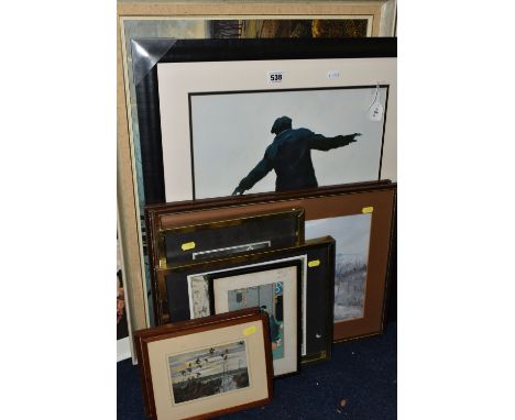 A SMALL QUANTITY OF PICTURES AND PRINTS ETC, to include an Alexander Millar open edition print 'Tightrope', approximate size 