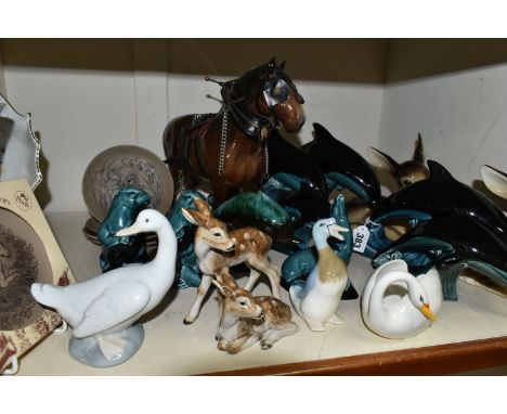 A GROUP OF CERAMIC ANIMALS AND BIRDS, to include a brown gloss Beswick 'Burnham Beauty' Harnessed Shire horse no 2309 (sd to 