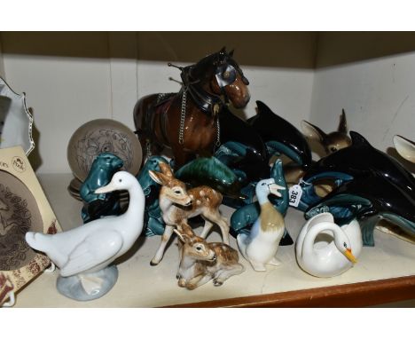 A GROUP OF CERAMIC ANIMALS AND BIRDS, to include a brown gloss Beswick 'Burnham Beauty' Harnessed Shire horse no 2309 (sd to 