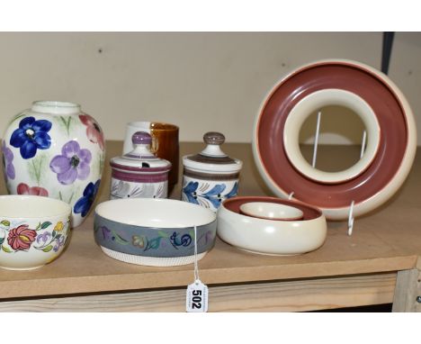 A QUANTITY OF POOLE POTTERY VASES AND ORNAMENTS, comprising two twin-tone posy troughs, 'red Indian and Magnolia' 095, diamet