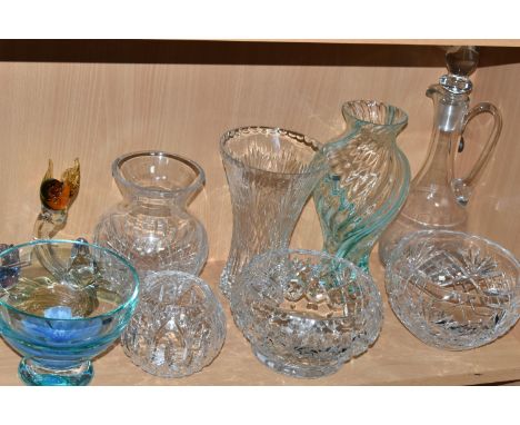 A GROUP OF CUT CRYSTAL AND OTHER GLASSWARES, to include a Caithness Tranquillity pale aqua and clear bowl with blue flower de