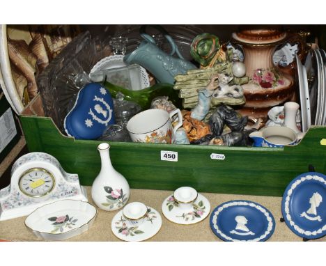 ONE BOX OF CERAMICS AND ORNAMENTS, to include three pieces of Wedgwood Portland Blue Jasperware, two trinket dishes and a hea