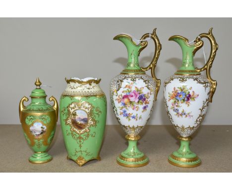 FOUR EARLY 20TH CENTURY COALPORT GREEN AND GILT GROUND EWERS AND VASES, comprising a pair of pedestal ewers of baluster form,