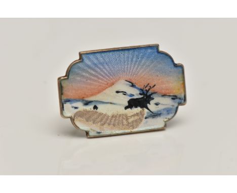 AN 'IVAR T HOLTH' BROOCH, a white metal brooch with guilloche enamel detail, depicting a mountain scene, approximate length 2