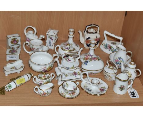 A GROUP OF HAMMERSLEY, COALPORT, SPODE AND OTHER CERAMIC MINIATURES, to include a Coalport Ming Rose jug and iron (cracks to 
