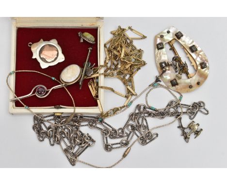 A SMALL ASSORTMENT OF JEWELLERY, to include a pair of non-pierced 'Renoir' drop earrings, a white metal fancy link chain, sta