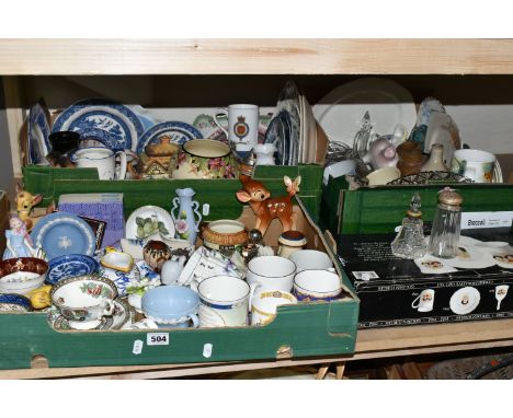 THREE BOXES AND LOOSE CERAMICS AND GLASS, including a Royal Doulton figure 'Wendy' HN2109, two late 19th century blue and whi