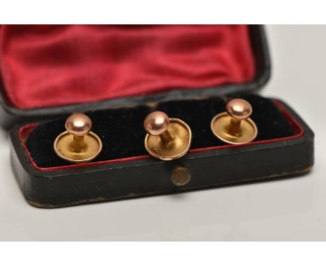 A BOXED SET OF THREE 9CT GOLD DRESS STUDS, each of a polished design, hallmarked 9ct Chester, approximate gross weight 2.2 gr