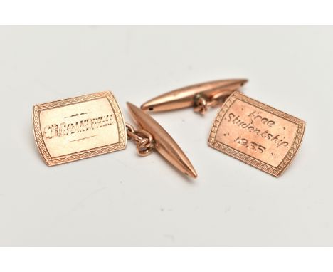 A CASED PAIR OF CUFFLINKS, AF rose metal rectangular chain link cufflinks, engraved 'C B Grandfield', stamped 9.375, approxim