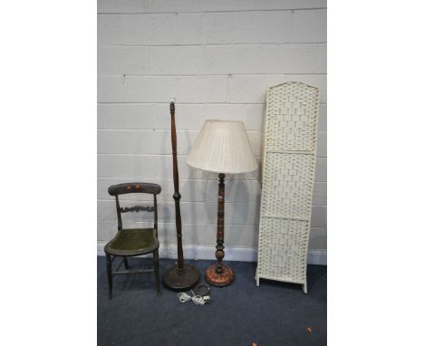 AN ORIENTAL STANDARD LAMP, with shade, a mahogany standard lamp, a sixfold floor screen, an early 20th century beech open arm
