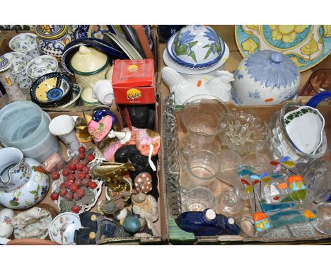 THREE BOXES AND LOOSE CERAMICS AND GLASS, to include three KLM Bols house shaped decanters, a square covered fused glass dish