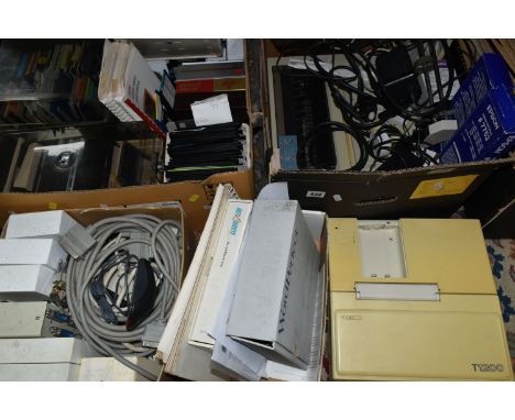 FOUR BOXES OF VINTAGE COMPUTER EQUIPMENT,&nbsp; to include an early model Toshiba T1200 laptop, serial no. 10713894, floppy d