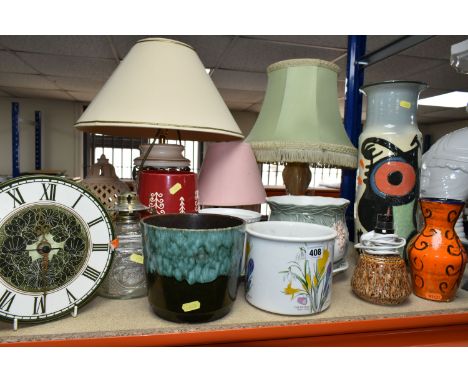 A QUANTITY OF PLANTERS AND TABLE LAMPS, comprising two vases, four table lamps, planters include a West German green and brow
