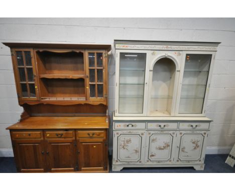 AN ORIENTAL PAINTED DRESSER, with two glazed doors, width 146cm x depth 40cm x 194cm x height of base 86cm, and a pine dresse