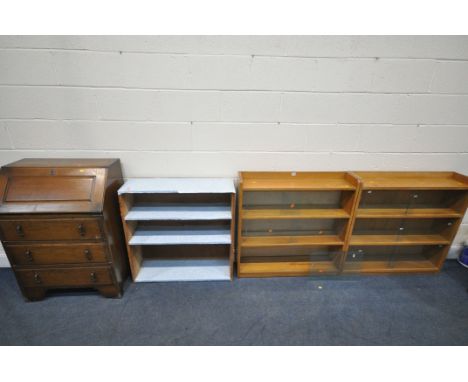 TWO LIGHT OAK GLAZED BOOKCASES, width 92cm x depth 22cm x height 92cm, an open bookcase and an oak bureau (condition report: 