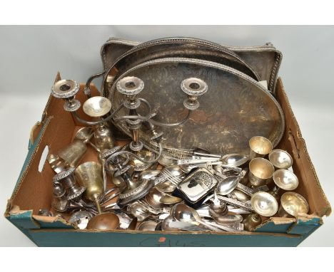 A BOX OF ASSORTED WHITE METAL WARE, to include two silver plate, three branch candle stick holders, three large trays, goblet