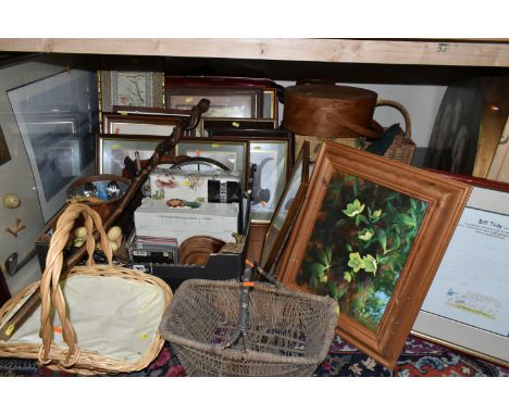 TWO BOXES AND LOOSE HOUSEHOLD SUNDRIES, PRINTS, STORAGE ITEMS, SUITCASE, SEWING BOX, ETC, including a hat box containing ladi