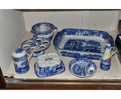 SEVEN PIECES OF SPODE 'ITALIAN' COOKWARES, to include a large rectangular roasting dish, an egg holder, a flour sifter, a pla