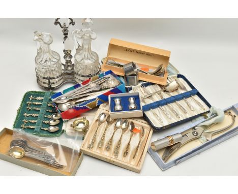 A BOX OF RUSSIAN AND SOVIET SILVER SPOONS, DUTCH WHITE METAL OIL BOTTLE STAND AND ASSORTED PLATED CUTLERY AND FLATWARE, ETC, 