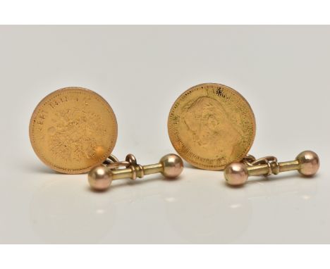 A PAIR OF MOUNTED RUSSIAN 5 RUBLE COIN CUFFLINKS, one coin dated 1887 the other 1899, mounted to yellow metal chains and togg