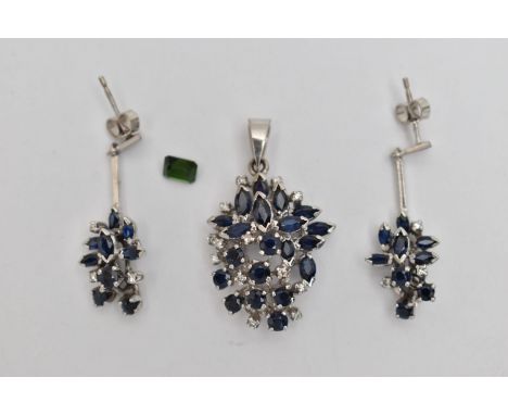 A PAIR OF WHITE METAL CLUSTER DROP EARRINGS AND MATCHING PENDANT WITH A LOOSE CUT STONE, each cluster drop set with marquise 