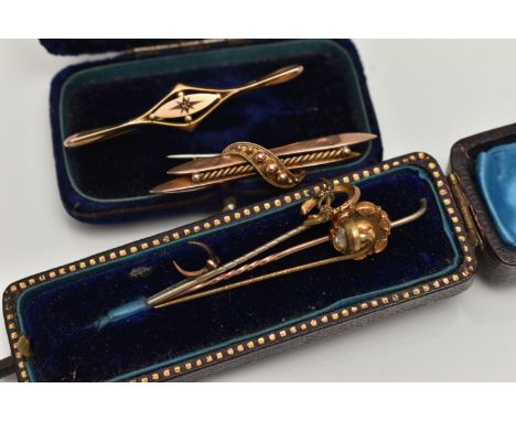 TWO BROOCHES AND STICK PINS, to include a 9ct gold bar brooch, set with a small single cut diamond, fitted with a base metal 