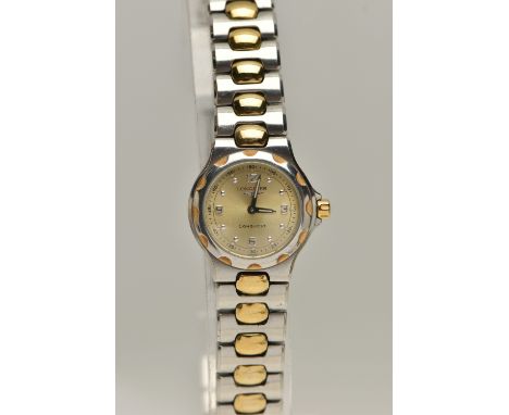 A LADYS 'LONGINES' WRISTWATCH, round gold dial signed 'Longines Conquest', Arabic twelve, three, six and nine numerals with r