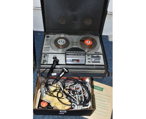 A GRUNDIG  TK144 REEL TO REEL TAPE RECORDER WITH INSTRUCTIONS AND A BOX OF CABLES, MICROPHONES, ETC (2) (CONDITION REPORT: no