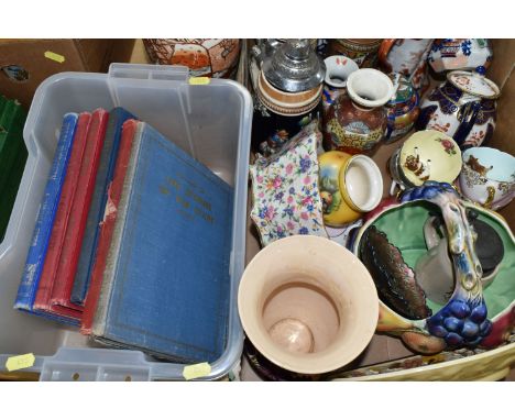 TWO BOXES OF CERAMICS AND BOOKS, to include an amethyst Carnival glass trinket dish decorated with a cherry design, three Ger