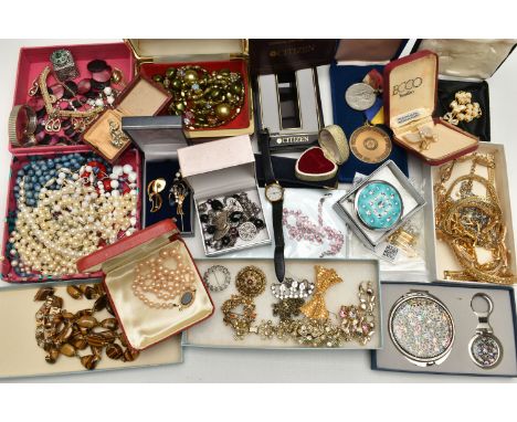 A BOX OF ASSORTED ITEMS, to include various pieces of costume jewellery to include imitation pearls, AF tigers eye necklace, 