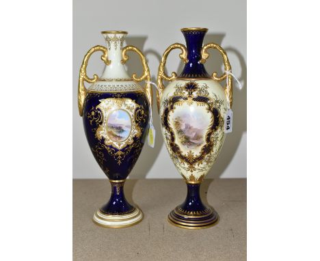 TWO EARLY 20TH CENTURY COALPORT TWIN HANDLED PEDESTAL VASES IN BLUE, PALE YELLOW AND GILT, both lacking covers, hand painted 