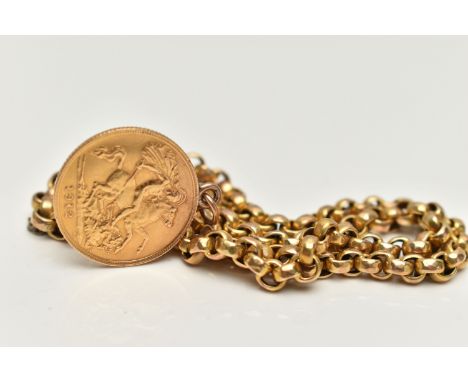 A YELLOW METAL BELCHER CHAIN BRACELET AND HALF SOVEREIGN COIN, double belcher chain bracelet fitted with a 9ct tag to one lin