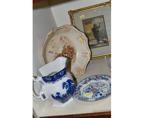A GROUP OF CERAMICS AND FRAMED PRINT, comprising a late 19th century blue and white Watteau jug, backstamp New Wharf Pottery 