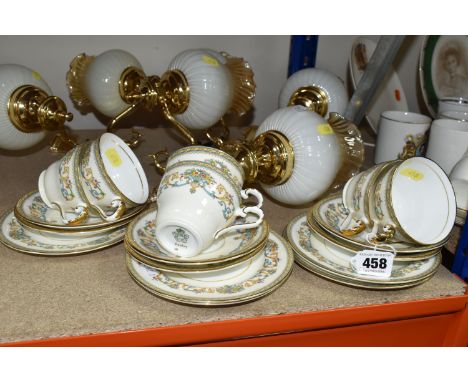 AN AYNSLEY TEA SET AND THREE WALL LIGHT FITTINGS, comprising six Aynsley 'Henley' pattern cups, six saucers, and five tea pla