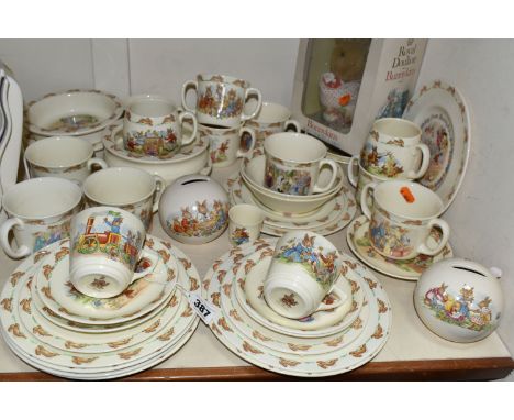 A COLLECTION OF ROYAL DOULTON BUNNYKINS NURSERYWARE, approximately thirty pieces to include twin handled mugs,  mugs, a boxed