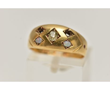 A DIAMOND AND OPAL RING, designed as a tapered band with a central old cut diamond flanked by two oval opal cabochons, two op