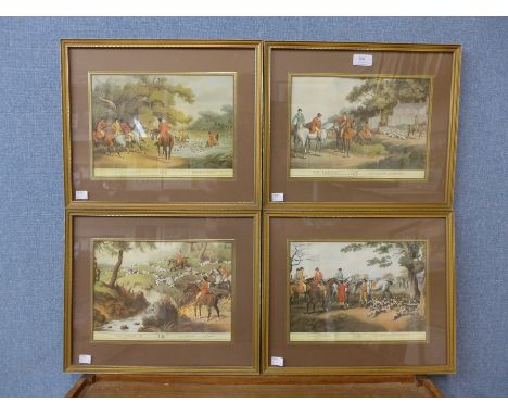 A set of four hunting scene prints and a map of Gloucestershire