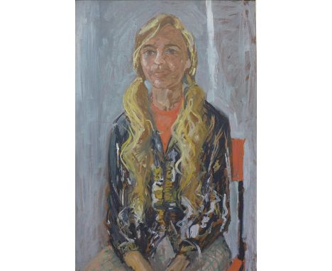 Modern British female portrait, oil on board, unsigned, framed, 82cm x 55cm