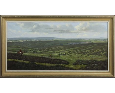 * DONALD AYRES (BRITISH b. 1936),HUNTING COUNTRYoil on canvas, signed, titled label versoimage size 51cm x 102cm, overall siz