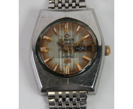 GENTS OMAX 'CRYSTAL' SWISS STAINLESS STEEL WRIST WATCH, with Omega 25 jewel automatic movement, with circular silvered dial w