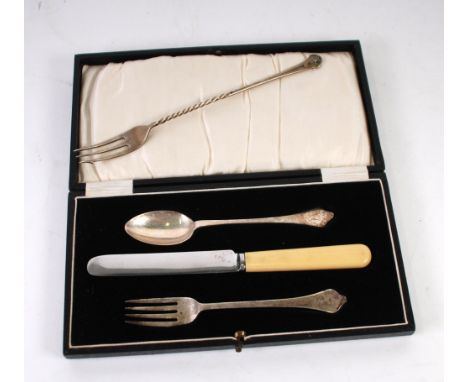 CHILD'S SILVER SPOON AND FORK with a bone handled, steel bladed KNIFE, i in case, Sheffield 1929 and a LONG SILVER PICKLE FOR