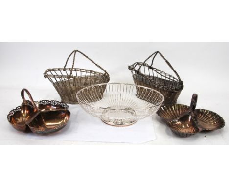 TWO ELECTROPLATED TRIFORM BISCUIT DISHES,  TOGETHER WITH AN ELECTROPLATED WIRE PATTERN  BREAD BOWL, and two wire pattern wine