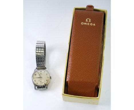 GENT'S OMEGA STAINLESS STEEL WRISTWATCH with mechanical movement, circular silvered dial with subsidiary seconds dial, Arabic