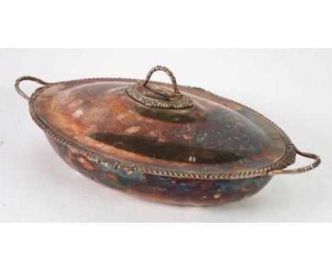 ELECTROPLATED TWO HANDLED TUREEN AND COVER, with hot water fill base by William Hutton and Sons, of oval form with top handle